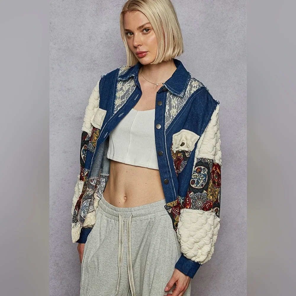 NEW POL Denim Blue Balloon Sleeve Patchwork Jacket Boho Lace Back Size Large - Picture 5 of 7